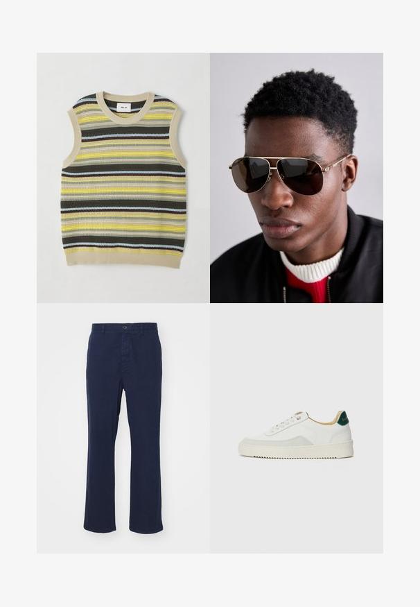 Knit sleeveless top featuring horizontal stripes in yellow, green, brown, and blue. Round neckline with ribbed beige trim. Textured fabric.; Navy blue cotton trousers with a straight leg design, featuring a front button closure and side pockets. Smooth texture with minimal detailing.; White sneaker with suede accents, rounded toe, flat laces, and a cream rubber sole. Features green branding on the heel.; Brown sunglasses with gold accents and a green-red-green stripe on the temple, worn with a black bomber jacket over a red and white sweater.