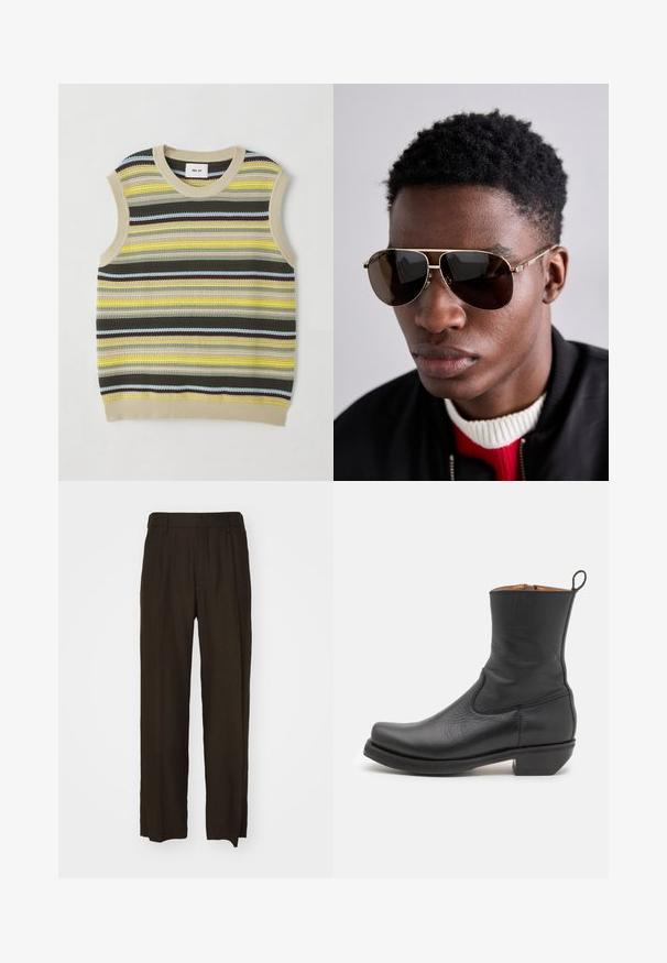 Strikket ærmeløs top med vandrette striber i gul, grøn, brun og blå. Rund halsudskæring med ribbet beige kant. Textureret stof.; Brune, brede bukser i et tekstureret stof med høj talje og frontfolder. Lige ben med rene, afsluttede sømme.; Sort læder ankelstøvle med en glat overflade, slank profil, sidesyning og en lav kvadratisk hæl. Har en løftestrop bagpå.; Brune solbriller med guld accenter og en grøn-rød-grøn stripe på stængerne, båret med en sort bomberjakke over en rød og hvid sweater.