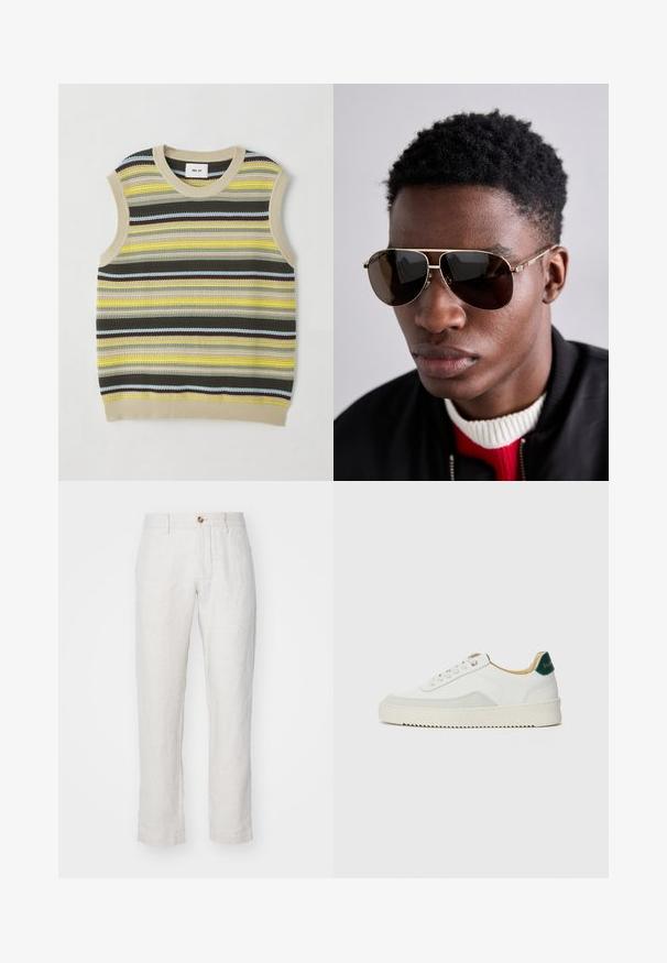 Knit sleeveless top featuring horizontal stripes in yellow, green, brown, and blue. Round neckline with ribbed beige trim. Textured fabric.; NN.07 THEO - Trousers - beige; White sneaker with suede accents, rounded toe, flat laces, and a cream rubber sole. Features green branding on the heel.; Brown sunglasses with gold accents and a green-red-green stripe on the temple, worn with a black bomber jacket over a red and white sweater.