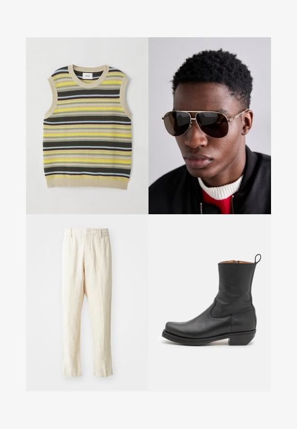 Ärmelloses Stricktop mit horizontalen Streifen in Gelb, Grün, Braun und Blau. Runder Halsausschnitt mit geripptem beigem Saum. Strukturiertes Gewebe.; Beige Leinenhosen mit lockerer Passform, schmal zulaufenden Beinen und flachem Bund. Verfügt über einen elastischen Taillenbund für Komfort und minimale Nahtdetails.; Schwarze Leder-Stiefelette mit glatter Oberfläche, schlankem Profil, seitlicher Naht und niedrigem, quadratischen Absatz. Verfügt über eine Zuglasche an der Rückseite.; Braune Sonnenbrille mit goldenen Akzenten und einem grün-rot-grünen Streifen am Bügel, getragen mit einer schwarzen Bomberjacke über einem rot-weißen Pullover.