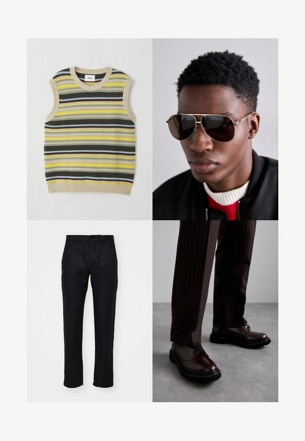 Ärmelloses Stricktop mit horizontalen Streifen in Gelb, Grün, Braun und Blau. Runder Halsausschnitt mit geripptem beigem Saum. Strukturiertes Gewebe.; NN.07 THEO - Stoffhose - black; Braune Leder Schnürschuhe mit glänzender Oberfläche, schwarzer Gummisohle und dezenten Nähten. Getragen mit braunen Angabenhosen mit Nadelstreifen.; Braune Sonnenbrille mit goldenen Akzenten und einem grün-rot-grünen Streifen am Bügel, getragen mit einer schwarzen Bomberjacke über einem rot-weißen Pullover.