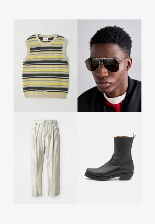 Ärmelloses Stricktop mit horizontalen Streifen in Gelb, Grün, Braun und Blau. Runder Halsausschnitt mit geripptem beigem Saum. Strukturiertes Gewebe.; Weiß gestreifte Hosen aus leichtem Material, mit lockerer Passform, Falten und einem Bund mit Gürtelschlaufen. Vertikale marineblaue Streifen.; Schwarze Leder-Stiefelette mit glatter Oberfläche, schlankem Profil, seitlicher Naht und niedrigem, quadratischen Absatz. Verfügt über eine Zuglasche an der Rückseite.; Braune Sonnenbrille mit goldenen Akzenten und einem grün-rot-grünen Streifen am Bügel, getragen mit einer schwarzen Bomberjacke über einem rot-weißen Pullover.