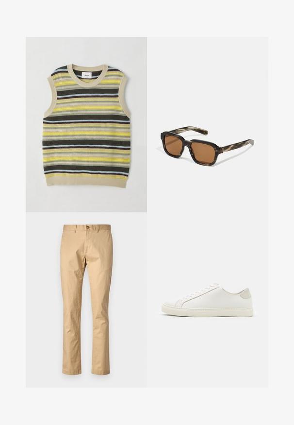 Top tricotat fără mâneci, cu dungi orizontale în galben, verde, maro și albastru. Decolteu rotund cu bordură ribbată bej. Material texturat.; Pantaloni din bumbac bej cu croială dreaptă, prevăzuți cu închidere cu buton în față și bucle pentru curea. Textură netedă cu accente minime.; Tenisii albi din piele cu o suprafață netedă, vârf rotund și un design minimalist. Prezintă accente bej pe toc și o talpă din cauciuc.; Ochelari de soare din plastic cu un model broască țestoasă, lentile octogonale de culoare maro și accente subțiri din metal auriu pe ramă.
