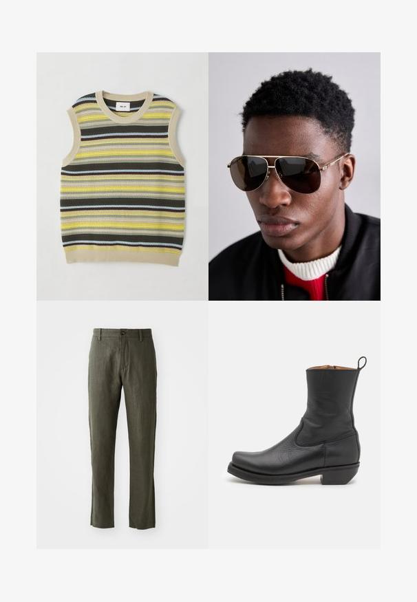 Knit sleeveless top featuring horizontal stripes in yellow, green, brown, and blue. Round neckline with ribbed beige trim. Textured fabric.; Olive green linen pants with a straight cut, featuring a front button closure and side pockets. The fabric has a textured appearance.; Black leather ankle boot with a smooth texture, slim profile, side stitching, and a low square heel. Features a pull tab at the back.; Brown sunglasses with gold accents and a green-red-green stripe on the temple, worn with a black bomber jacket over a red and white sweater.