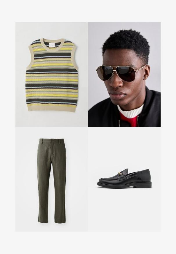 Kudotut hihattomat paidat, joissa on vaalean keltaisia, vihreitä, ruskeita ja sinisiä vaakasuoria raitoja. Pyöreä kaula-aukko, jossa on ribbi-osion beige reunus. Kuitukangas.; Oliivivihreät pellavahousut suoran leikkauksen kanssa, joissa on etupainike suljenta ja sivutaskut. Kankaalla on tekstuurinen ulkonäkö.; Musta nahkainen loafers-tyylinen kengät, joissa on pyöreä kärki, kultaiset yksityiskohdat ja ompelutiedot, asetettu matalalle, teksturoidulle kumipohjalle.; Ruskasukat ruskeilla korostuksilla ja vihreä-punainen-vihreä raita temppeleissä, yhdistettyinä mustan pommitakkine kanssa punavalkoisen villapuseron päällä.