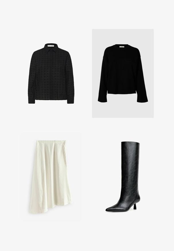 Black sweater featuring a loose fit, long sleeves, a round neckline, and ribbed cuffs, made from soft, textured fabric.; Black button-up shirt made from textured fabric with a grid pattern, featuring a collar and long sleeves, with matching buttons along the front.; Plain white t-shirt made of cotton with a round neckline, short sleeves, and a relaxed fit. Smooth texture with no patterns or accents.; White pinstriped skirt made from lightweight fabric, featuring vertical lines in a contrasting color, with a flowing A-line design.; Black knee-high boot made from textured leather. Features a pointed toe and a small, flared heel. Sleek, smooth design with minimal accents.