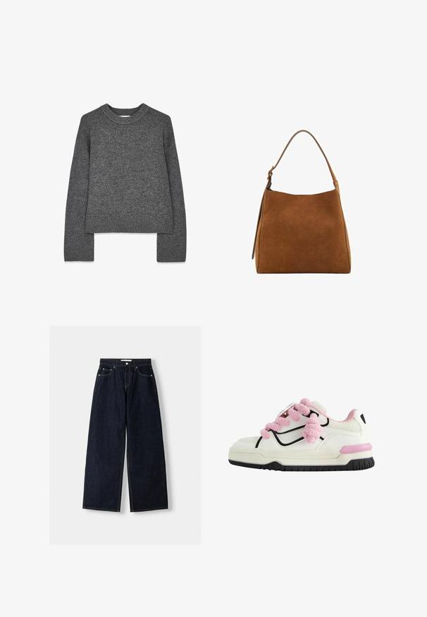 Maglione grigio a maglia con maniche lunghe, scollo rotondo, polsini e orlo ribattuti. Tessuto morbido con un design leggermente accorciato.; Camicia a maniche lunghe con bottoni a righe blu e bianche, colletto all'inglese, vestibilità aderente e orlo curvato. Materiale in cotone strutturato.; Jeans a gamba larga in denim blu scuro con vita alta, cinque tasche, cuciture a contrasto e hardware in metallo argentato. Texture liscia e finitura pulita.; Scarpa sportiva bianca con lacci rosa pelosi, bordo nero, sezioni in rete perforata e suola in gomma spessa con un accento rosa.; Borsa a spalla in suede marrone con parte superiore arrotondata, tracolla singola e superficie liscia. Caratterizzata da un design minimalista e linee pulite.