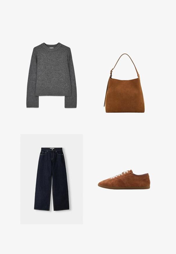 Grauer Strickpullover mit langen Ärmeln, Rundhalsausschnitt, gerippten Bündchen und Saum. Weiche Textur mit einem leicht verkürzten Design.; Blau-weiß gestreifte Langarmhemd mit Knopfverschluss, weit geschnittener Kragen, taillierter Passform und abgerundetem Saum. Texturiertes Baumwollmaterial.; Dunkelblaue, weite Jeans mit hoher Taille, fünf Taschen, Kontrastnähten und silbernem Metallzubehör. Glatte Textur und saubere Verarbeitung.; Braune Wildledersneaker mit weißen Schnürsenkeln, runder Zehenform und strukturierten Akzenten. Verfügt über ein niedriges Profil und eine Gummisohle mit glatter Oberfläche.; Braune Wildleder-Schultertasche mit einem geschwungenen oberen Rand, einem schmalen Tragegurt und glatter Textur. Verfügt über ein minimalistisches Design und klare Linien.