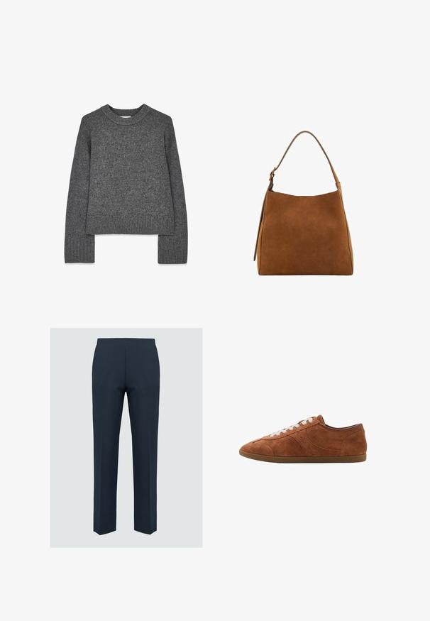 Grauer Strickpullover mit langen Ärmeln, Rundhalsausschnitt, gerippten Bündchen und Saum. Weiche Textur mit einem leicht verkürzten Design.; Blau-weiß gestreifte Langarmhemd mit Knopfverschluss, weit geschnittener Kragen, taillierter Passform und abgerundetem Saum. Texturiertes Baumwollmaterial.; Navy-Hosen mit geradem Schnitt, aus glattem Stoff gefertigt, mit flachem Bund und ohne sichtbare Nähte oder Taschen.; Braune Wildledersneaker mit weißen Schnürsenkeln, runder Zehenform und strukturierten Akzenten. Verfügt über ein niedriges Profil und eine Gummisohle mit glatter Oberfläche.; Braune Wildleder-Schultertasche mit einem geschwungenen oberen Rand, einem schmalen Tragegurt und glatter Textur. Verfügt über ein minimalistisches Design und klare Linien.