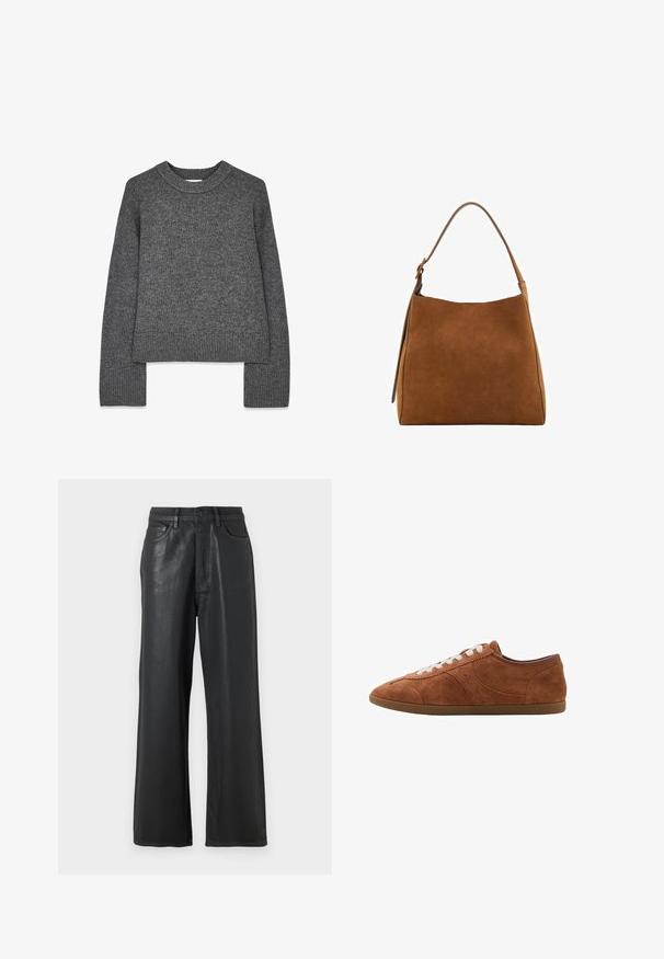 Siv krožast pleten pulover z dolgimi rokavi, krožnim izrezom, rebrastimi manšetami in robom. Mehka tekstura s rahlo krajšo zasnovo.; Modra in bela prugasta srajca z dolgimi rokavi in gumbom, s širšim ovratnikom, prilagojenim krojem in ukrivljenim robom. Teksturni bombažni material.; Črne široke hlače iz sijajnega materiala. Imajo gumbasto zapiranje, zanke za pas in sprednje žepke z gladko teksturo.; Rjavi semiš tenisice z belimi vezalkami, okroglo oblikovanimi prsti in teksturiranimi detajli. Imajo nizko zasnovo in gumijast podplat z gladko površino.; Rjava semiš torba preko ramena s ukrivljenim vrhom, enojnim trakom in gladko teksturo. Ponuja minimalističen oblik in čiste linije.