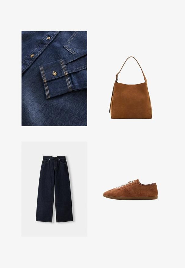 Grauer Strickpullover mit langen Ärmeln, Rundhalsausschnitt, gerippten Bündchen und Saum. Weiche Textur mit einem leicht verkürzten Design.; Dunkelblaues Denimhemd mit hellbraunen Nähten, ausgestattet mit einem Button-Down-Kragen und einer einzelnen Tasche am linken Ärmel.; Dunkelblaue, weite Jeans mit hoher Taille, fünf Taschen, Kontrastnähten und silbernem Metallzubehör. Glatte Textur und saubere Verarbeitung.; Braune Wildledersneaker mit weißen Schnürsenkeln, runder Zehenform und strukturierten Akzenten. Verfügt über ein niedriges Profil und eine Gummisohle mit glatter Oberfläche.; Braune Wildleder-Schultertasche mit einem geschwungenen oberen Rand, einem schmalen Tragegurt und glatter Textur. Verfügt über ein minimalistisches Design und klare Linien.