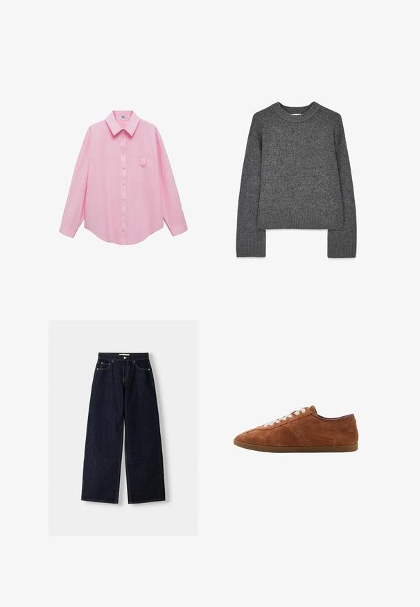 Szary sweter dzianinowy z długimi rękawami, okrągłym dekoltem oraz ściągaczami przy mankietach i u dołu. Miękka faktura z lekko skróconym krojem.; Mango NIA jasnoróżowy; Granatowe dżinsy z szerokimi nogawkami i wysokim stanem, pięć kieszeni, kontrastowe szwy i srebrne metalowe akcesoria. Gładka tekstura i czyste wykończenie.; Brązowe zamszowe sneakersy z białymi sznurówkami, okrągłym noskiem i teksturowanymi akcentami. Posiadają niski profil oraz gumową podeszwę o gładkim wykończeniu.