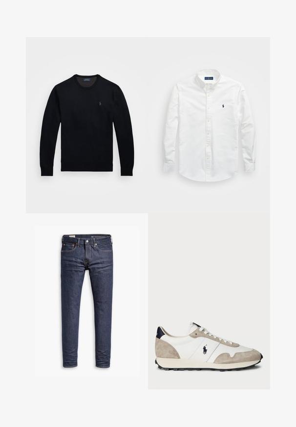 Čierny pletený sveter s okrúhlym výstrihom a dlhými rukávmi. Obsahuje malé vyšívané logo na ľavej strane hrude. Mäkká textúra, klasický strih.; Biela košeľa na gombíky vyrobená z bavlny. Má špicatý golier, dlhé rukávy a malú námornícku nášivku na hrudi. Hladká textúra.; Tmavomodré úzke nohavice Levi's Performance s piatimi vreckami a viditeľným stehom na bielom pozadí.; Biele a béžové semišové tenisky s čiernou gumovou podrážkou a logom Polo na boku, zobrazené z vonkajšej strany na bielom pozadí.