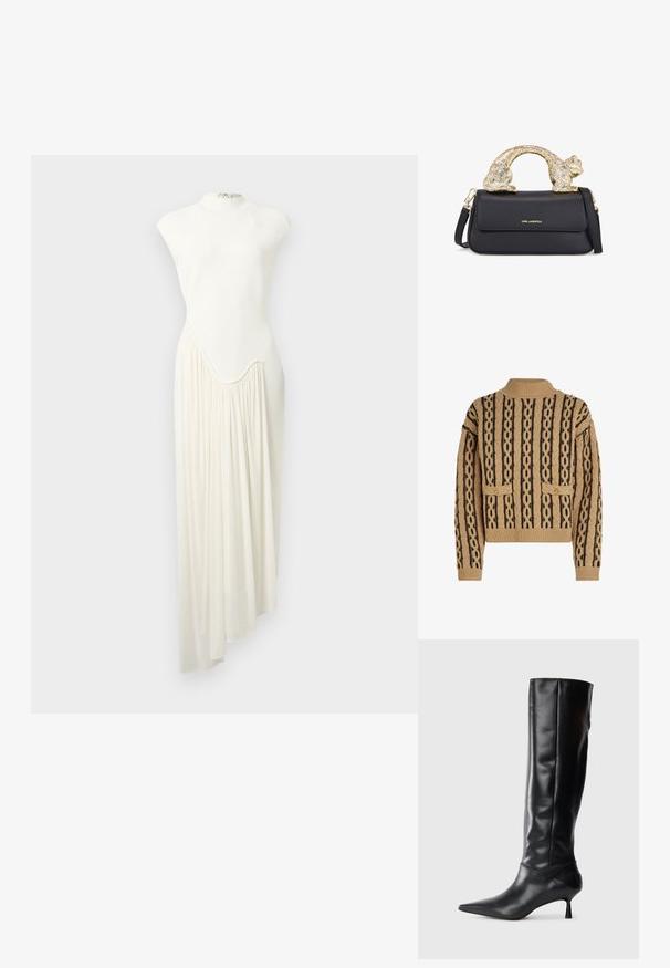 Pletený sveter v béžovej a čiernej farbe, s textúrovaným vzorom a splietanými líniami, dvoma prednými vreckami a zlatými gombíkovými akcentami na pleci.; Dlhé asymetrické šaty z bielej látky, s vysokým golierom a plynulo padajúcou, na jednej strane nazbieranou sukňou. Hladká textúra a minimalistický dizajn.; Čierna kožená vysoká čižma po kolená s špicatou špičkou a štíhlym zakriveným opätkom. Hladká textúra, priliehajúci dizajn a žiadne viditeľné kovanie alebo vzory.; Čierna kožená kabelka so zlatým úchytom v tvare mačky, so predným klopovým uzáverom, nastaviteľným popruhom a detailom loga na dolnej prednej časti.
