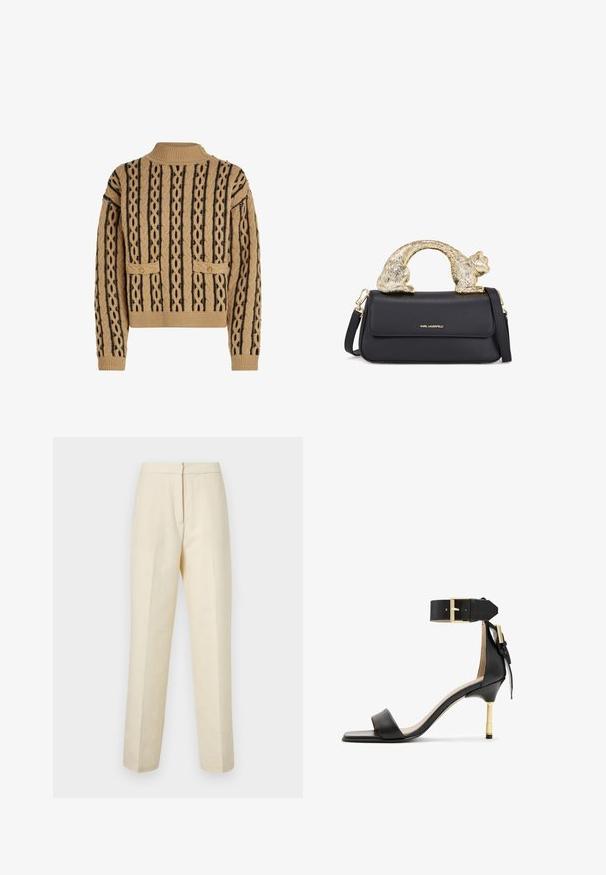 Pull en tricot beige et noir, présentant un motif texturé avec des lignes tressées, deux poches avant et des accents en bouton doré sur l'épaule.; Pantalons ajustés en crème claire avec un motif floral texturé, présentant une jambe droite et une taille épurée avec une fermeture arrière.; Sandale à talon en cuir noir avec un bout carré, une bride de cheville dotée d'une boucle en or et un talon métallique fin. Texture lisse, design minimaliste.; Sac à main en cuir noir avec une poignée en forme de chat dorée, comportant un rabat à l'avant, une bandoulière ajustable et un logo sur le bas devant.