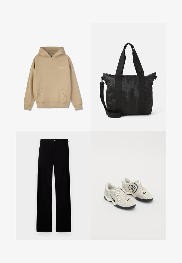Bežna kapuca s prednjim kengurujem žepom i rebrastim manžetama. Na prsima se nalazi bijeli logo "Pegador". Jednostavna tekstura.; Črne bombažne hlače z ravnim krojem, ki imajo sprednji gumb in brez vidnih vzorcev ali dodatkov.; Nike superge z zgornjim delom v bež in sivi teksturi, črnimi detajli, velikim logotipom "90" in belim vezalnim zapiranjem. Črn podplat.; Črna torba z teksturirano tkanino, dualnima zgornjima ročajema in snemljivim naramnim trakom. Ima zadrgo za varno shranjevanje.