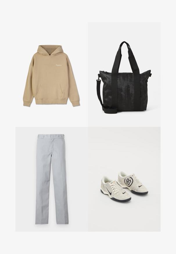 Bežna kapuca s prednjim kengurujem žepom i rebrastim manžetama. Na prsima se nalazi bijeli logo "Pegador". Jednostavna tekstura.; Svetlo sivi hlače s ravnim krojem, izdelane iz gladkega materiala. Imajo pas in sprednje gube za prijeten in eleganten videz.; Nike superge z zgornjim delom v bež in sivi teksturi, črnimi detajli, velikim logotipom "90" in belim vezalnim zapiranjem. Črn podplat.; Črna torba z teksturirano tkanino, dualnima zgornjima ročajema in snemljivim naramnim trakom. Ima zadrgo za varno shranjevanje.