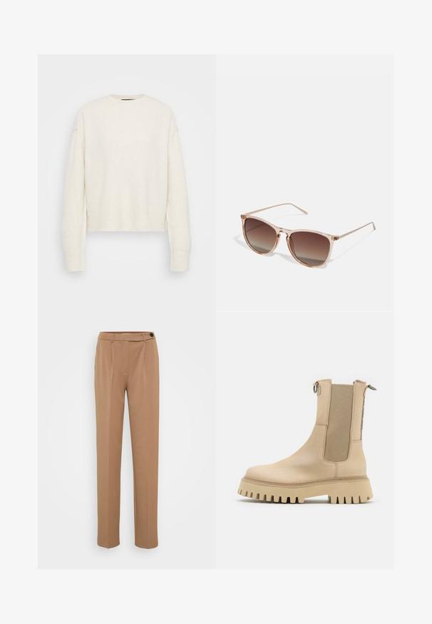 Suéter de punto blanco con cuello redondo y silueta relajada. Presenta puños y dobladillo acanalados, hecho de un material texturizado suave.; Pantalones de traje marrones con pierna recta, que cuentan con un cierre de un solo botón y un diseño frontal con pliegues. Textura suave, estilo minimalista.; Bronx GROOV-Y - Botines con plataforma - camel; Gafas de sol con degradado marrón y un marco translúcido rosa, forma cuadrada y brazos de metal delgados. Presenta bordes redondeados y un diseño minimalista.