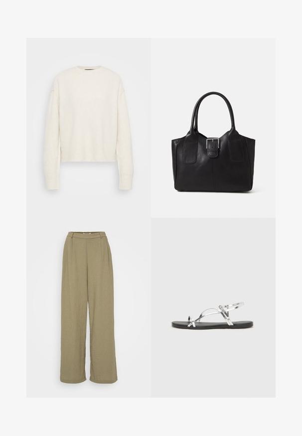 Weißer Strickpullover mit Rundhalsausschnitt und lockerer Silhouette. Mit gerippten Bündchen und Saum, aus einem weichen, strukturierten Material gefertigt.; Olivegrüne weite Hose aus strukturiertem Stoff, mit hoher Taille und gefalteten Frontdetails. Einfaches und entspanntes Design.; Silberne metallische Sandalen mit minimalistischem Design, featuring dünne Riemen und einer flachen schwarzen Sohle. Besonderheiten sind die Überkreuz-Riemenakzente.; Schwarze Leder-Tote mit glatter Textur, strukturiertem Design, zwei Griffen und einem auffälligen silbernen Schnallen-Detail auf der Vorderseite.