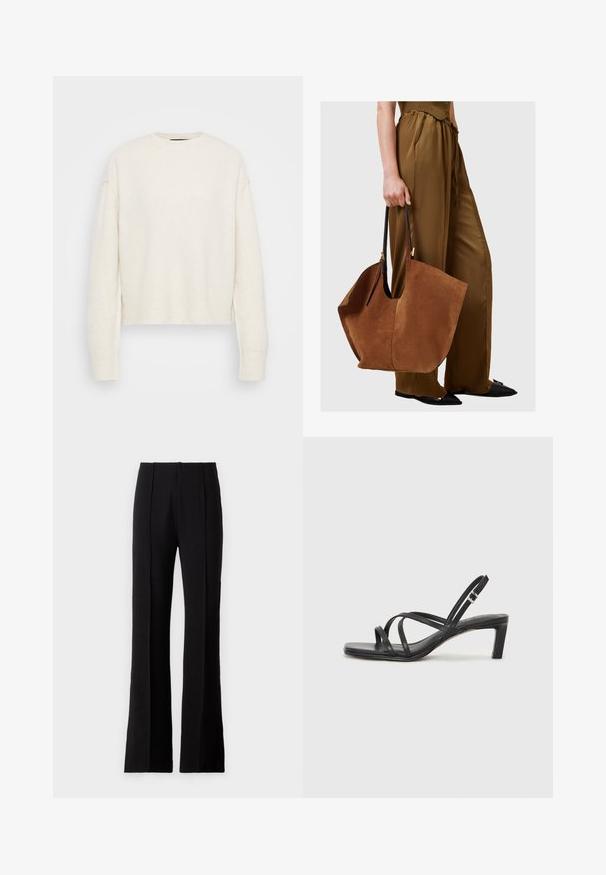 Hvit strikket genser med rund hals og avslappet silhuett. Har ribbestrikkede mansjetter og hem, laget av et mykt teksturert materiale.; Sorte bukser med utfallende ben laget av glatt stoff, med frontfold, høy midje og skreddersydd design for en slank silhuett.; Sorte sandaler med stropper, firkantet tå og lav blokk hæl. Har flere tynne stropper og en justerbar ankelstropp. Laget av glatt lær.; Brun semsketotebag med svarte lærhåndtak, med en bred, slapp form og minimalistisk design, holdt av en person i brune bukser.