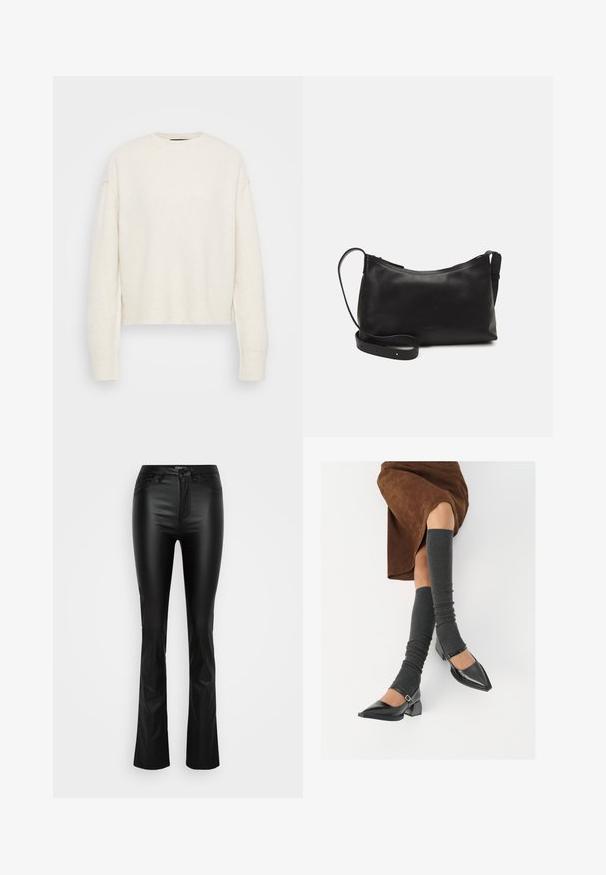 Baltas megztinis su apvalia iškirpte ir laisvu siluetu. Sukurtas su įaudžiamais rankogaliais ir apačia, pagamintas iš minkštos tekstūruotos medžiagos.; Juodos dirbtinės odos flared kelnės su lygiu paviršiumi, priekinėmis kišenėmis ir užtrauktuku. Didesnė talpa ties juosmeniu ir šiek tiek blizgantis paviršius.; Juodi lakuoti odiniai batai su aštriu kuma ir bloko kulnu, derinami su pilkais riebiais kojų šildytuvais ir rudais zomšiniais sijonais.; Juodas odinis petinis krepšys su lygiu paviršiumi, išlenkta forma, reguliuojama dirželiu ir užtrauktuku. Minimalistinis dizainas be puošmenų.