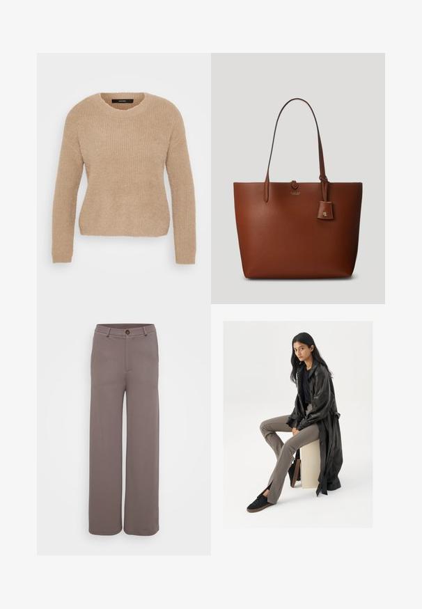 Sweater bege tricotado com mangas longas, decote redondo e tecido suave e texturizado. Apresenta um corte descontraído e design canelado.; Calças de perna larga em um tecido marrom suave e discreto, com bolsos frontais, fecho de botão e cintura ajustada.; Casaco trench de couro preto, blusa preta ajustada, calças ajustadas bege e ténis pretos. Modelo senta-se em um cubo, com cabelos longos e lisos.; Saco tote de couro castanho com textura pebble, duas alças, uma pequena etiqueta ligada e um logotipo subtil na frente. Textura suave com forma estruturada.