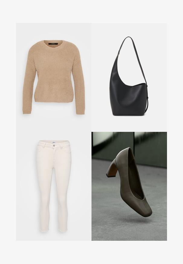 Bežani pleteni pulover s dugim rukavima, okruglim izrezom i mekanim, teksturiranim materijalom. Ima opušteni kroj i rebrasti dizajn.; Kremaste skinny traperice s rascjepom na rubu. Izrađene od denima s klasičnim dizajnom od pet džepova i prednjim zatvaranjem na gumb.; Tamno maslinasto zeleni kožni cipela na visokoj peti sa četvrtastim vrhom i blok petom, lebdi iznad sivo-betonskog poda s izmaglicom u pozadini.; Crna kožna hobo torba s glatkom teksturom, zakrivljenim oblikom i jednom podesivom trakicom; ima širok otvor na vrhu.