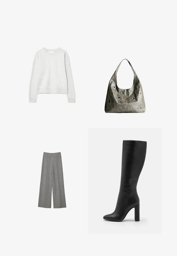 Lysegrå langærmet crewneck-trøje med ribbede manchetter og kant, lavet af blødt strikket stof, vist på hvid baggrund.; Grå vidde bukser lavet af et tekstureret stof. Har folder, der løber ned ad fronten, en talje og ingen synlige lukninger.; Knæhøj sort læderstøvle med spids tå og høj blokhæl. Glat tekstur med minimalistisk design og ingen synlig hardware.; Oliven grøn læderhåndtaske med et slouchy design, der har forskellige størrelser af cirkulære udskæringer og accenter i mørkere og lysere nuancer.