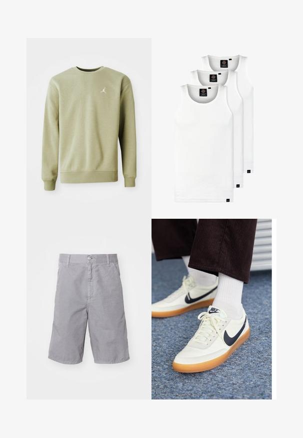 Sweatshirt vert olive clair à col rond, manches longues, et un petit logo Jumpman blanc sur la poitrine, fabriqué à partir d'un tissu doux.; Trois débardeurs blancs côtelés en coton. Présentent un col rond et de petites étiquettes noires près de l'ourlet. Disponibles en plusieurs tailles.; Shorts en coton gris avec une fermeture par bouton, devant plat, poches latérales et une coupe droite. Texture douce et ajustement décontracté.; Baskets Nike en cuir blanc avec un swoosh bleu marine, dotées d'une semelle en caoutchouc nature et de lacets blancs, accompagnées de chaussettes blanches et d'un pantalon en velours côtelé sombre.