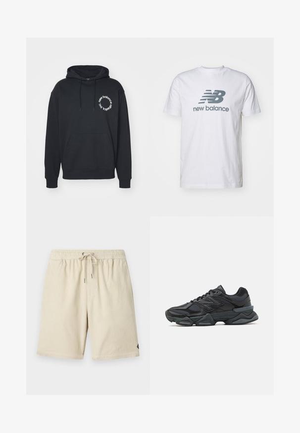 Haut de survêtement noir avec une poche kangourou à l'avant, capuche avec cordon de serrage, et un logo circulaire blanc avec le texte "new balance" et "athletics inc."; T-shirt en coton blanc arborant un logo "NB" gris et le texte "new balance", à manches courtes, design classique à col rond, texture lisse.; Shorts en velours côtelé beige avec une taille élastique et un cordon de serrage, présentant une texture ribbée verticale subtile et une petite étiquette sur le côté.; Chaussure de course noire mettant en avant un mélange de mesh et de matériaux synthétiques, avec une semelle épaisse, un design arrondi et un logo bien visible sur le côté.