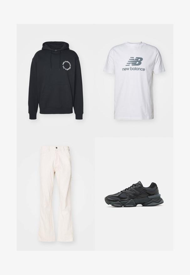 Black hoodie with a front kangaroo pocket, drawstring hood, and white circular logo featuring the text "new balance" and "athletics inc."; White cotton t-shirt featuring a gray "NB" logo and "new balance" text, short sleeves, classic crew neck design, smooth texture.; Cream-colored flared pants with vertical red pinstripes, featuring a button closure, side pockets, and a smooth textured fabric.; Black running shoe featuring a mix of mesh and synthetic materials, chunky sole, curved design, and prominent branding on the side.