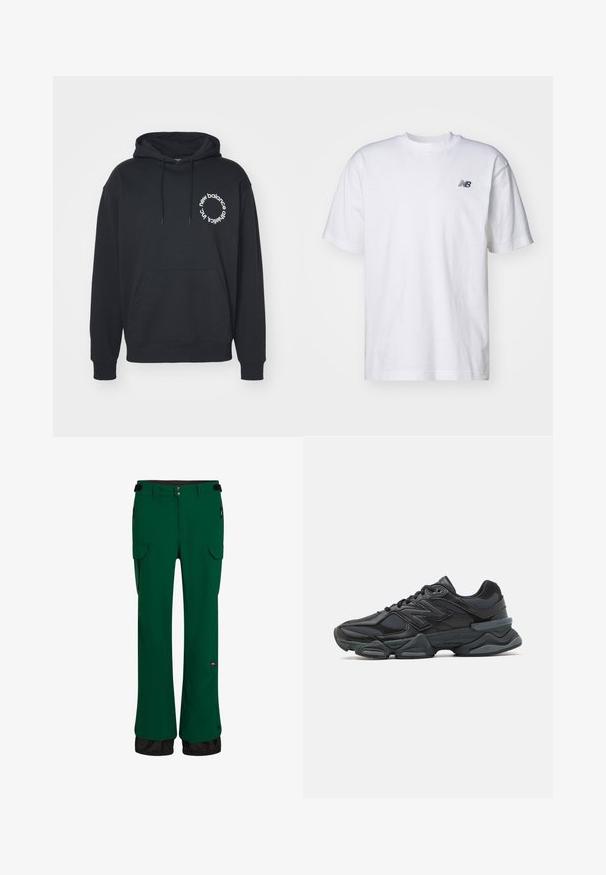 Juodas hoodis su priekiniais kengūriniais kišenėmis, su raišteliu reguliuojama kapuce ir baltu apskritimu, kuriame yra tekstas "new balance" ir "athletics inc.".; Balta trumpa rankovėmis marškinėliai su apvalia iškirpte, su mažuoju juodu New Balance logotipu kairėje krūtinės pusėje, prieš paprastą foną.; Žalios nepralaidžios kelnės su tiesiu sijonu, elastinga juosmens juosta, šoniniais kišeniais su užtrauktuku ir juodu apatine dalimi.; Juodas bėgimo batelis, pagamintas iš tinklinės ir sintetinės medžiagos, turintis stambų pado dizainą, kreivą formą ir ryškią prekės ženklą šone.