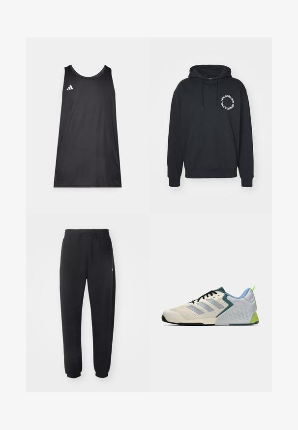 Musta huppari, jossa on etu kangaroo-tasku, nyörihuppu ja valkoinen ympyrälogo, jossa on tekstit "new balance" ja "athletics inc."; Musta ilmanhiha athleettinen tank top kevytkangasta. Siinä on pyöreä kaula-aukko ja valkoinen Adidas-logo vasemmassa rinnassa.; Mustat collegehousut, jotka on valmistettu pehmeästä materiaalista, joustavalla vyötärönauhalla, narukiristimellä ja kavennetuilla lahkeilla, joissa on huomaamaton logo sivussa.; Kevyet urheilukengät, joissa on kermaisen värinen verkkopinta, harmaat raidat, vihreä yksityiskohta ja texturoitu sininen kantapää. Mustat nauhat.