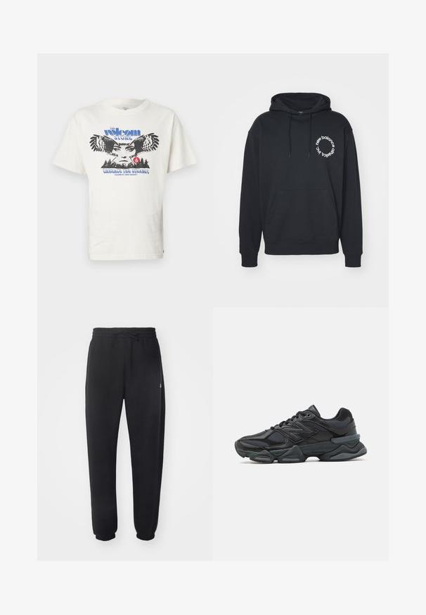 Black hoodie with a front kangaroo pocket, drawstring hood, and white circular logo featuring the text "new balance" and "athletics inc."; White cotton t-shirt featuring a front graphic with an owl, text "The Volcom Stone" in blue, and "Embrace the Strange" in blue below.; Black sweatpants made of soft material with an elastic waistband, drawstring, and tapered cuffs, featuring a subtle logo on the side.; Black running shoe featuring a mix of mesh and synthetic materials, chunky sole, curved design, and prominent branding on the side.
