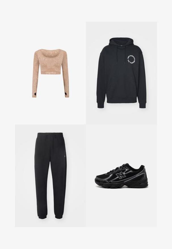 Mustra mustrik, millel on ees kangaroo tasku, reguleeritav kapuuts ja valge ümmargune logo, millel on tekst "new balance" ja "athletics inc.".; Heled varrukatega lühikese topi kergelt pruun, pehmest kangast ja sileda tekstuuriga; omaduseks on ümar kaelus ja sõrmega aukude detailid varrukates.; Mugavad mustad spordipüksid pehmest materjalist, elastse vöökoha, nööridega ja kitsenevate varrukatega, külgedel on diskreetne logo.; Mustad mustus spordijalats koos võrkkattega, hõbedaste detailide, pehmendatud tallaga ja nööridega sulgemisega. Omab ümarat varbaosa ja tekstureeritud tallatähist.