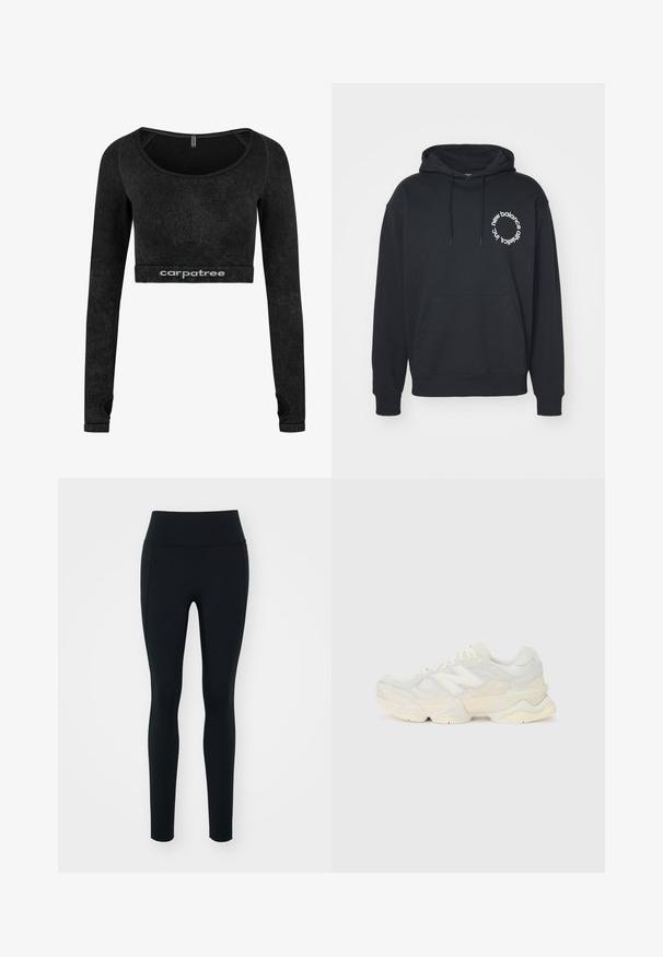 Mustra mustrik, millel on ees kangaroo tasku, reguleeritav kapuuts ja valge ümmargune logo, millel on tekst "new balance" ja "athletics inc.".; Mustade pika varrukaga lühikeste pluus pehmest materjalist. Omab ümarat kaelust ja tekstuurseid aktsente varrukate ääres. Logot on näha servas.; Mustad mustad, mis on valmistatud venivast materjalist ja millel on kõrge vöökoht. Sile tekstuur, keha lähedane disain ja ei ole nähtavaid kaunistusi ega mustreid.; Kerge tenniseking, mille pealis on valmistatud võrgust ja seemisnahast pehmes kreemitoonis, koos paksu tallaga ja kolmemõõtmeliste aktsentidega.