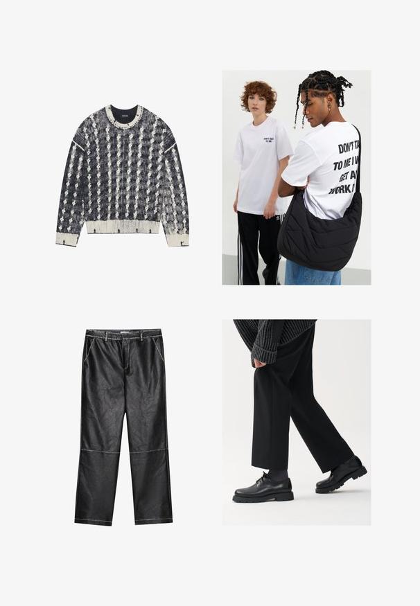 Pletena pulover v temno modri in kremni barvi z teksturiranim vzorcem, z okroglim izrezom, rebrastimi manšetami in robom. Posebni elementi v oblikah pik.; Črne hlače iz umetnega usnja, širokega kroja, z detajli šivanja in sprednjimi žepi, z gladko, rahlo odsevajočo teksturo.; Črne usnjene čEvlje s zaobljenim nosom, zavezovanjem in debelim, teksturiranim podplatom. Obute z urejenimi črnimi hlačami in rebrastim puloverjem.; Črna prešita torba za ramo z mehkimi teksturami, ki jo nosi oseba v beli grafični majici z odštevilčenim besedilom. Priložnostna obleka z denimom.