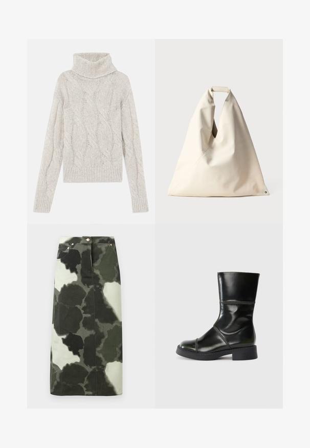 Pulover din tricotaj cu cabluri de culoare gri deschis, având un guler înalt, mâneci lungi și un tiv cu nervuri. Material moale, texturat, cu un aspect confortabil.; Fustă din denim cu model camouflage în tonuri de verde închis și negru, cu talie înaltă, patru buzunare și accente metalice. Lungime medie și croi drept.; Botă din piele neagră, la gleznă, cu vârf rotund, finisaj neted, cusături contrastante și toc gros, având o siluetă ușor conică.; Geantă bej, cu textură moale, având un mâner unic răsucit și detaliu cu cusătura diagonală. Design minimalist cu un accent rotund la bază.