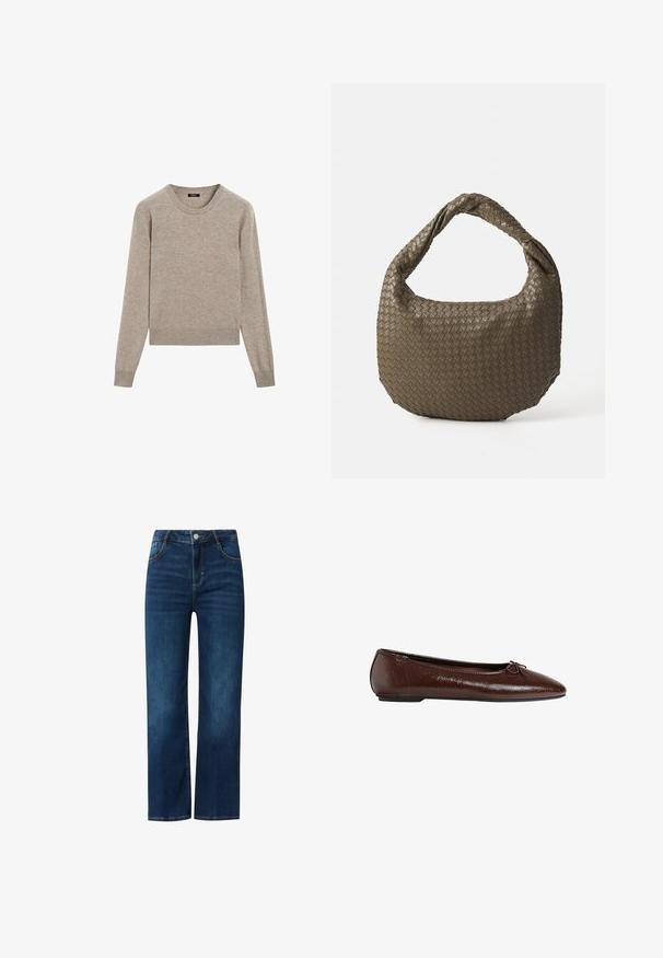 Pull en maille doux de couleur beige clair avec un col rond. Il présente des manches longues et des poignets côtelés, avec une coupe décontractée et un design minimaliste.; Jeans en denim bleu avec une coupe droite, dotés d'une fermeture zippée à l'avant, de cinq poches et de surpiqûres contrastées. Texture lisse, lavage moyen.; Ballerine en cuir marron avec une texture lisse, un bout pointu et un accent en nœud sur le devant, dotée d'une semelle en caoutchouc noir basse.; Sac à main en olive tissé de forme arrondie avec une poignée torsadée. La surface texturée présente un motif diagonal. Fermeture zippée.