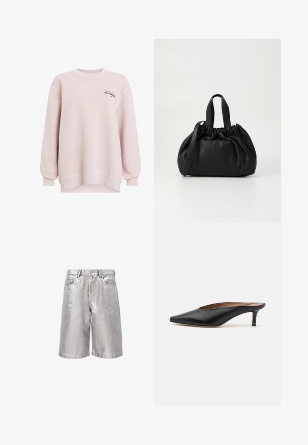 Lys rosa sweatshirt laget av myk stoff. Har rund hals, lange ermer og logo detaljer på venstre bryst. Avslappet passform.; Metallisk sølvfargede denimshorts med løs passform, som har fem lommer, beltestropper og en brettet kant. Glatt tekstur med en reflekterende finish.; Sorte lærmules med spiss tå og lav, blokkert hæl. Glatt tekstur med et elegant design. Åpen bak med minimal detaljering.; Svart lærveske med en samlet toppdesign, som har to korte håndtak og en lang justerbar stropp. Glatt tekstur, rund form.