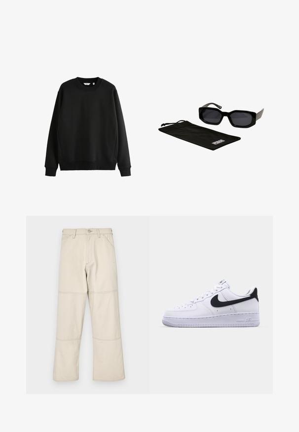Black sweatshirt made of smooth fabric with a crew neck and ribbed cuffs. Features a straight hem and minimal design.; Beige wide-leg jeans made of cotton with a smooth texture, featuring triple stitching on seams and five pockets including a coin pocket.; White leather sneaker with a textured black Swoosh, flat laces, and a rubber sole featuring a ridged pattern. "AIR" is embossed on the heel.; Black sunglasses with angular, oversized frames and dark lenses, accompanied by a black microfiber pouch with a logo on it.