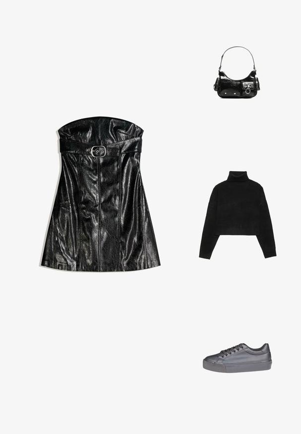 Fekete, rövidített pulóver ribbelt nyakkal és mandzsettákkal, sima textúrával és laza szabással. Egyszerű, minimalista dizájn.; Fekete bőrdressz, pántnélküli kivitelben, övvel meghúzott derékkal és függőleges varratokkal, amelyek kiemelik a formás sziluettet.; Fekete bőr sportcipő lapos talppal, kerek orral és fűzős dizájnnal. Simább felület finom tónusú varrással és bordázott talprészekkel.; Fekete lakkbőr kézitáska ívelt formával, egy vállpánttal, elülső zsebekkel és ezüstszínű fémrészletekkel.
