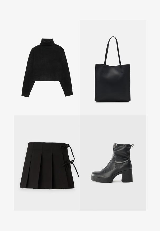 Suéter negro corto con cuello alto acanalado y puños, que presenta una textura suave y un corte relajado. Diseño simple y minimalista.; Falda plisada negra con lazos laterales, hecha de una tela de textura suave; presenta un diseño estructurado y líneas limpias.; Botines negros de tobillo, hechos de cuero suave, con cierre lateral, tacón grueso texturizado y diseño de punta redondeada.; Bolso tote de cuero negro con textura lisa, forma rectangular y dos asas largas. Sin herrajes ni adornos visibles.