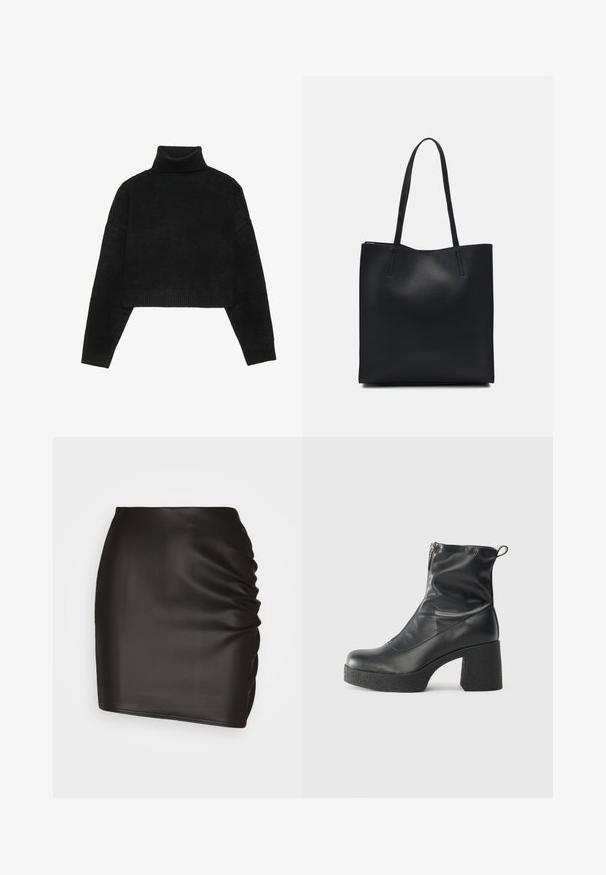 Suéter negro corto con cuello alto acanalado y puños, que presenta una textura suave y un corte relajado. Diseño simple y minimalista.; Mini falda negra de material sintético suave, con detalles fruncidos en un lado y una silueta ajustada.; Botines negros de tobillo, hechos de cuero suave, con cierre lateral, tacón grueso texturizado y diseño de punta redondeada.; Bolso tote de cuero negro con textura lisa, forma rectangular y dos asas largas. Sin herrajes ni adornos visibles.