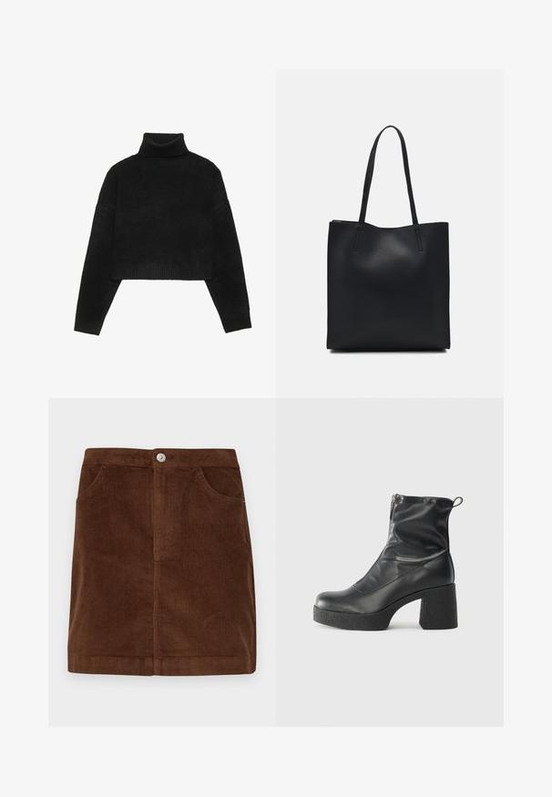 Fekete, rövidített pulóver ribbelt nyakkal és mandzsettákkal, sima textúrával és laza szabással. Egyszerű, minimalista dizájn.; Pieces PCRILLO SKIRT - Miniszoknya - fondue fudge; Fekete bokacsizmák sima bőrből, oldalsó cipzárral, vastag, texturált sarkú és lekerekített orrú dizájnnal.; Fekete bőrtáska sima felszínnel, téglalap alakú, két hosszú füllel. Nincs látható fémkiegészítő vagy díszítés.