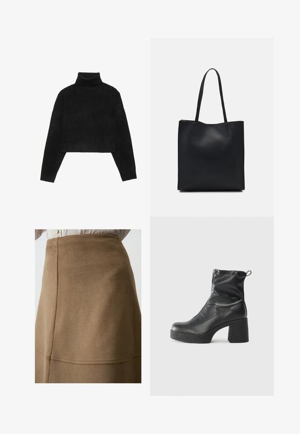 Black cropped sweater with a ribbed turtleneck and cuffs, featuring a smooth texture and relaxed fit. Simple, minimalistic design.; Brown suede skirt with a smooth texture and visible seam details, featuring a high waist and A-line design.; Black ankle boots made of smooth leather, featuring a side zipper, chunky textured heel, and rounded toe design.; Black leather tote bag with smooth texture, rectangular shape, and two long handles. No visible hardware or embellishments.