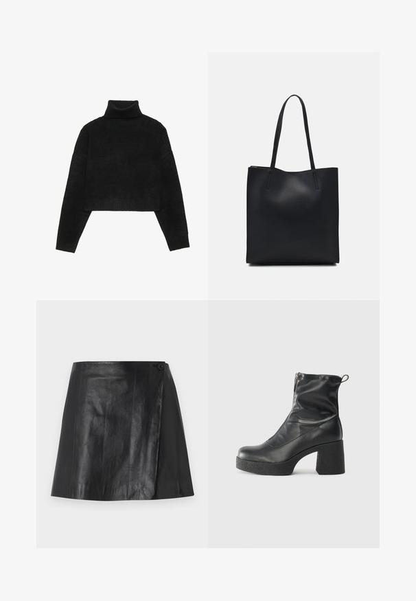 Melnās cropped džemperis ar ribotu augstu apkakli un aprocēm, ar gludu tekstūru un brīvu piegriezumu. Vienkāršs, minimālistisks dizains.; Melnā mākslīgā ādas mini svārku ar apņemšanas priekšpusi, kas fiksēta ar pogu labajā pusē, gluda tekstūra un neliels spīdums.; Melni potītes zābaki, kas izgatavoti no gludas ādas, ar sānu rāvējslēdzēju, masīvu strukturētu papēdi un noapaļotu purngalu.; Melnas ādas somiņa ar gludu tekstūru, taisnstūra formu un divām garām rokturiem. Nav redzamu aparatūras vai rotājumu.