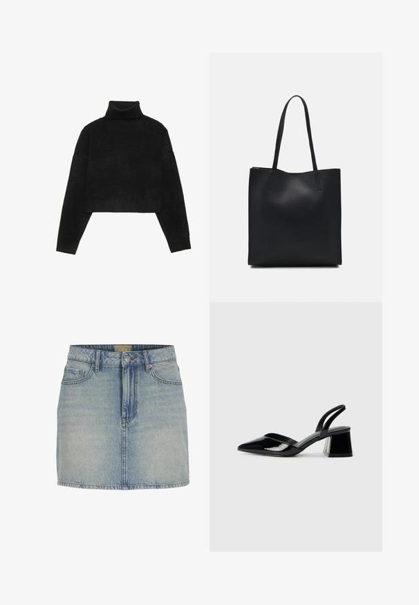 Fekete, rövidített pulóver ribbelt nyakkal és mandzsettákkal, sima textúrával és laza szabással. Egyszerű, minimalista dizájn.; Világoskék farmer mini szoknya, fitted derékkal, elülső gombzárral, öt zsebbel és enyhe kopásokkal az anyagon.; Fekete lakk bőr szandálkés magas sarkú cipő, hegyes orral és geometrikus tömbsarkakkal. Karcsú, minimalista dizájn és sima textúra jellemzi.; Fekete bőrtáska sima felszínnel, téglalap alakú, két hosszú füllel. Nincs látható fémkiegészítő vagy díszítés.