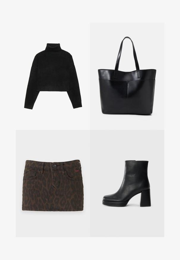 Mustad must cropitud sviiter ribatud kõrge kaelusega ja varrukatega, omades sujuvat tekstuuri ja vabalt langemist. Lihtne, minimalistik disain.; Tumepruun lühike teksaskleit leopardimustriga, millel on nööbi kinnitus, vöökohad ja ees olevad taskud. Punane logo aksent.; Must musta ankle boot, milleplokk-konts ja platvormi tallaga, vaadatud küljelt ühetoonilise valge tausta peal.; Must mustaga musta nahast, millel on kaks pikka kanda, sile tekstuur ja struktureeritud kuju. Esipoolsel on lisakoti jaoks tasku.