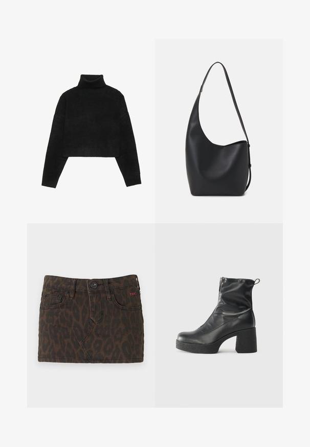 Mustad must cropitud sviiter ribatud kõrge kaelusega ja varrukatega, omades sujuvat tekstuuri ja vabalt langemist. Lihtne, minimalistik disain.; Tumepruun lühike teksaskleit leopardimustriga, millel on nööbi kinnitus, vöökohad ja ees olevad taskud. Punane logo aksent.; Mustad mustad ansapüksid, mis on valmistatud siledast nahast, külje zipperiga, paksu tekstuuriga kontsaga ja ümmarguse nina disainiga.; Mustast nahast hobo kott, millel on sile tekstuur, kumer kuju ja üks reguleeritav rihm; peal on lai avaus.